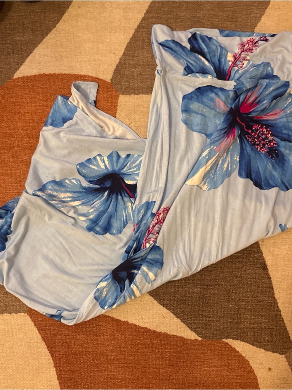 Y2K Light Blue Maxi Dress with Blue and Pink Hawaiian Flower Print